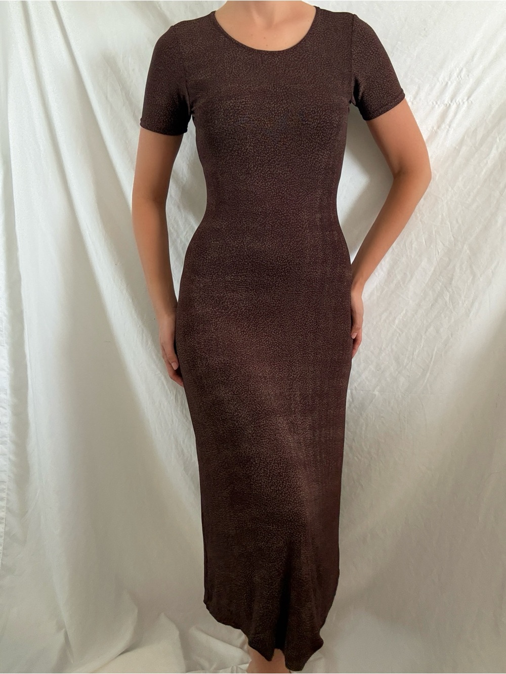 Vintage bodycon stretch maxi dress short sleeve brown minimalist casual basic